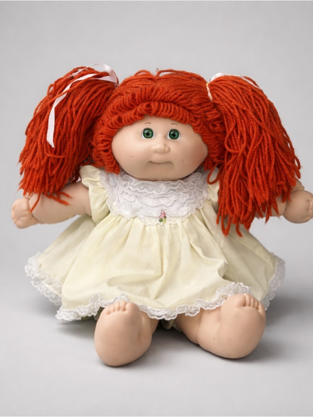 Vintage Cabbage Patch Kids Doll – Red Yarn Hair, Green Eyes, Yellow Dress (17”)